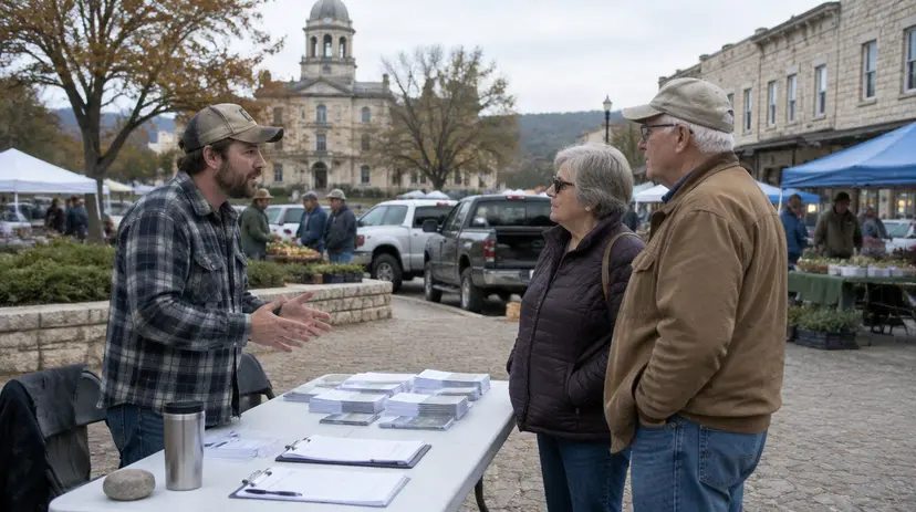 A volunteer talks with an older couple at an information table during a Saturday market on a Texas courthouse square.