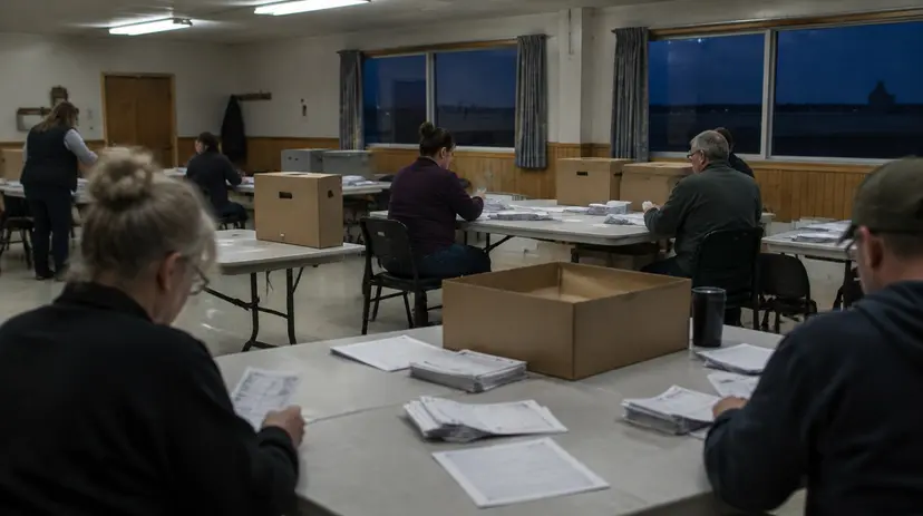 Election workers counting paper ballots by hand at folding tables in a community hall at night.