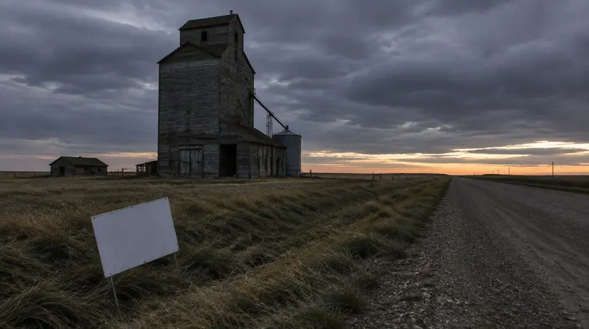 A weathered grain elevator beside a gravel road on the Alberta prairie at dusk, with a blank lawn sign in the ditch.