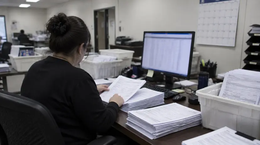 A county elections worker sorts stacks of voter registration forms at a desk.