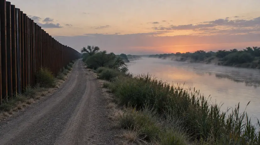A steel border barrier along the Rio Grande at dawn, beside an empty patrol road.