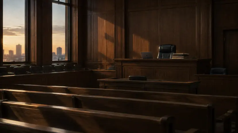 An empty federal courtroom at dusk, the judge's bench and chair vacant.