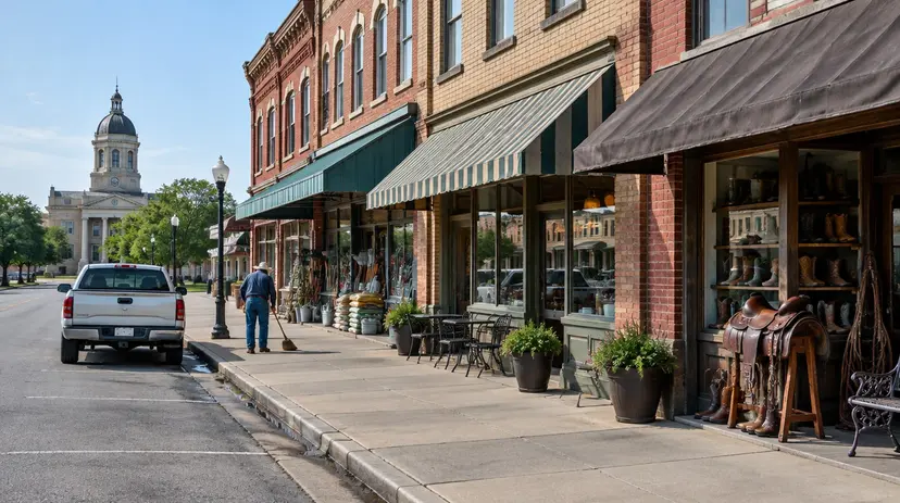 Historic brick storefronts with awnings on a small-town Texas main street on a bright morning, with a courthouse dome beyond.