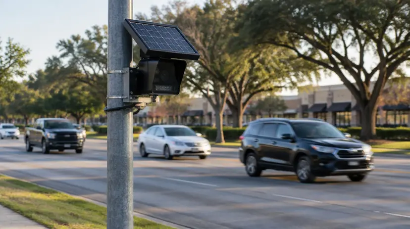A solar-powered license plate reader camera on a pole beside a suburban Texas road.