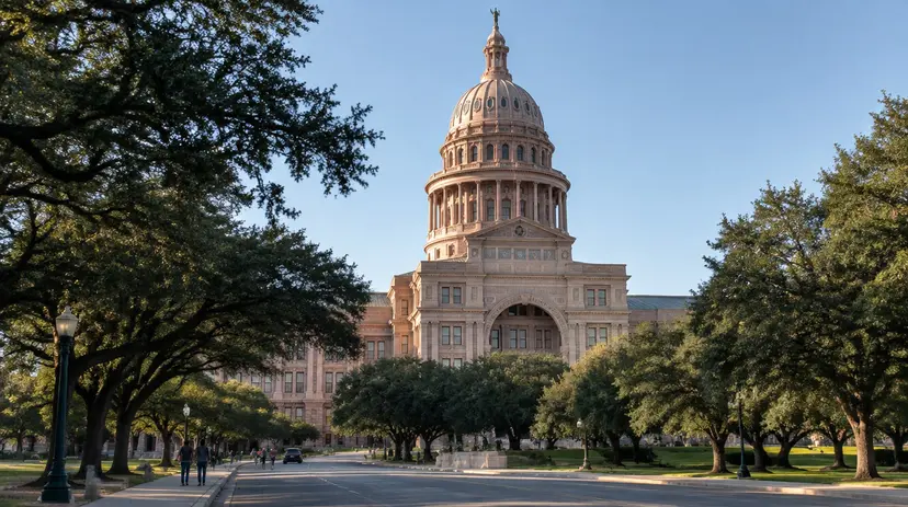 The Texas State Capitol dome in Austin seen from Congress Avenue in late afternoon light.