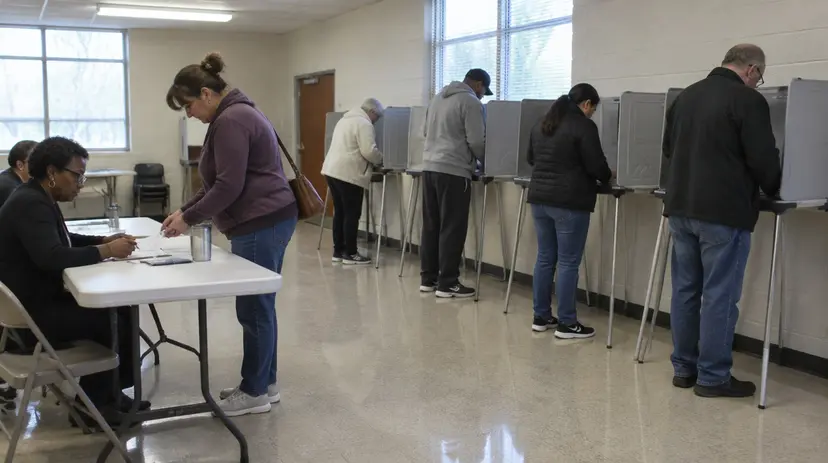 Voters at voting booths and a poll worker checking in a voter at a Texas early voting site.