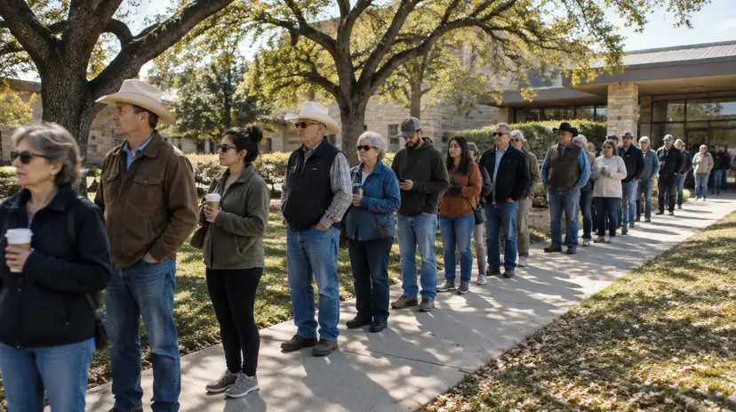 Voters wait in line outside a public library early-voting site on a fall morning.