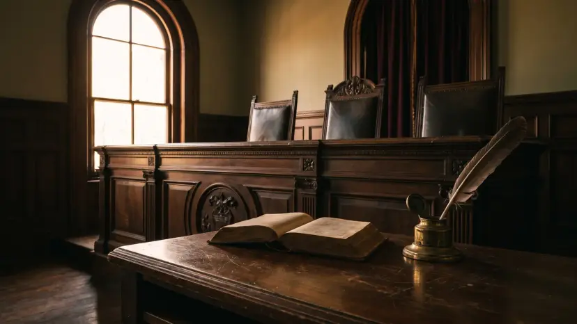 An empty nineteenth-century courtroom bench with an open law book and a quill