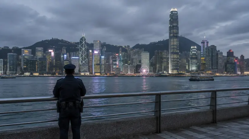 Hong Kong's Victoria Harbour skyline at dusk, with a police officer at the waterfront railing in the foreground.