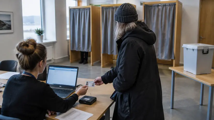 A poll worker checks a voter's photo identification at a small polling station in Iceland.