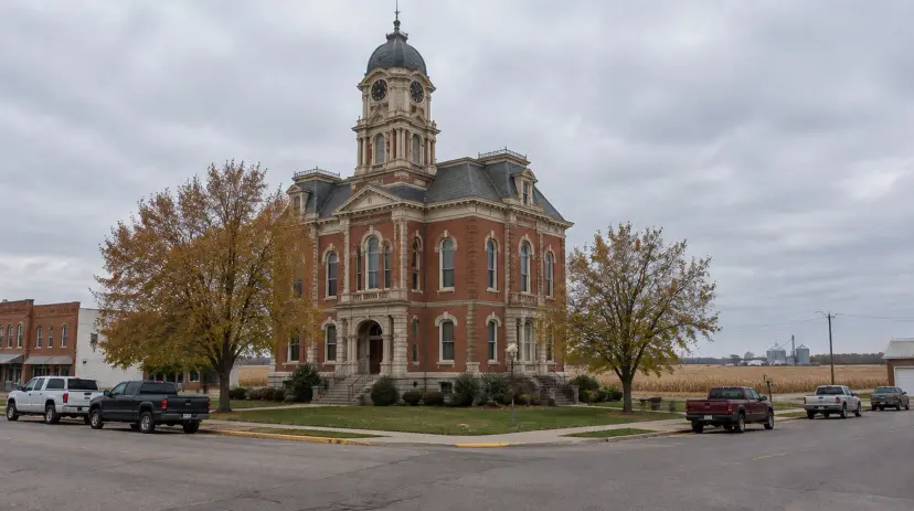 A brick county courthouse on the square of a small downstate Illinois farm town in autumn.