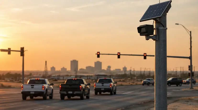 A solar-powered license plate reader camera on a pole at a Midland intersection at sunset.