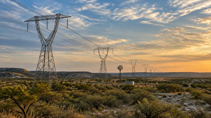 Steel lattice transmission towers crossing West Texas ranchland at sunset, with a windmill and water tank in the distance.