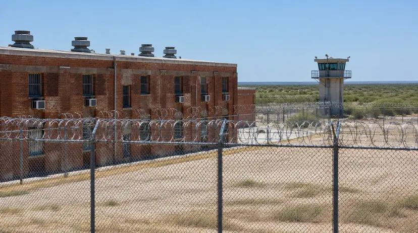 An aging red-brick Texas prison unit behind a razor-wire fence under harsh summer sun, with window air-conditioning units on the building.