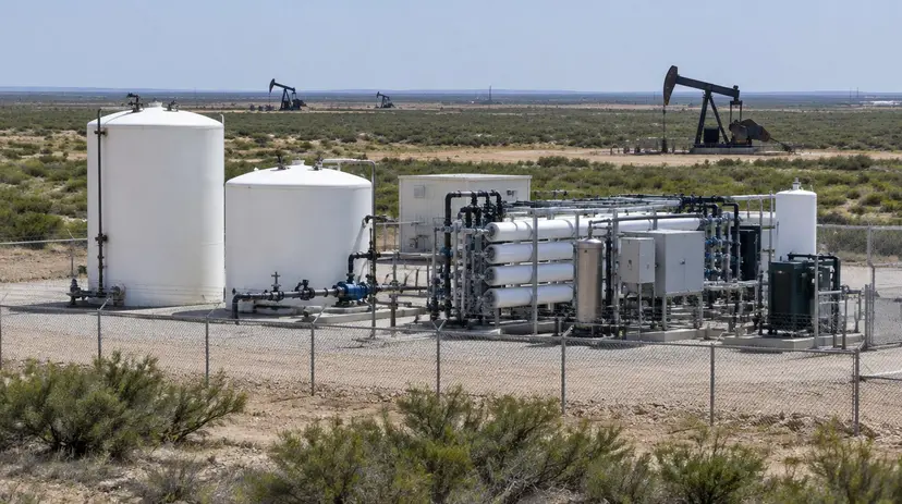 A produced water treatment pilot facility with white tanks and pipes beside pump jacks in the Permian Basin.