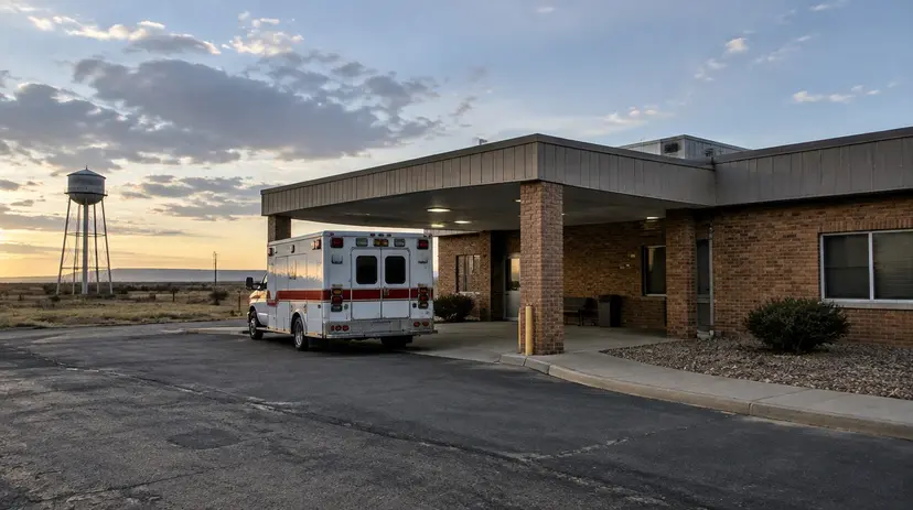 A small rural hospital in a West Texas town with an ambulance at the emergency entrance.
