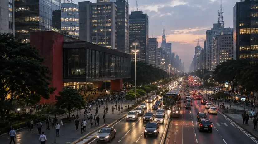 Office towers along Avenida Paulista in São Paulo at dusk.