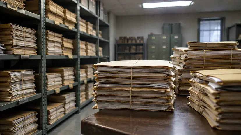Stacks of bound case files on shelves and a table in a government records room.