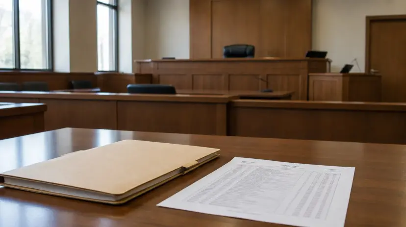 A case file and a docket sheet on a counsel table in an empty courtroom.