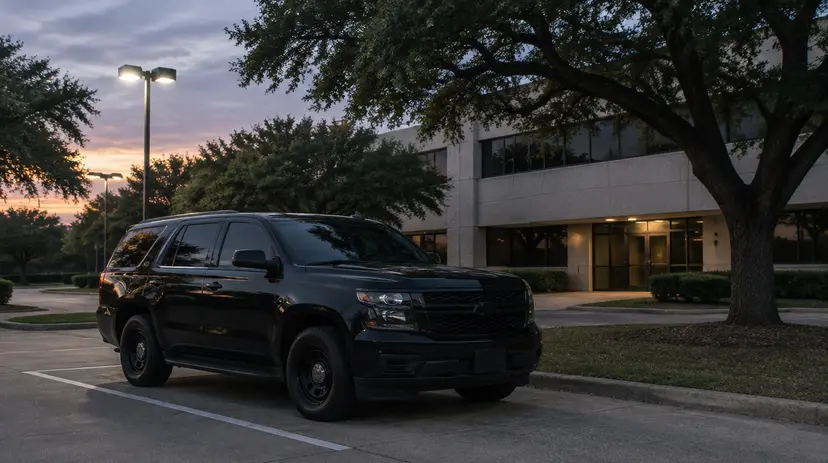 An unmarked law enforcement SUV parked outside an office building in North Texas at dusk.
