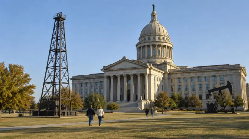 The Oklahoma State Capitol in Oklahoma City with an oil derrick on the grounds.