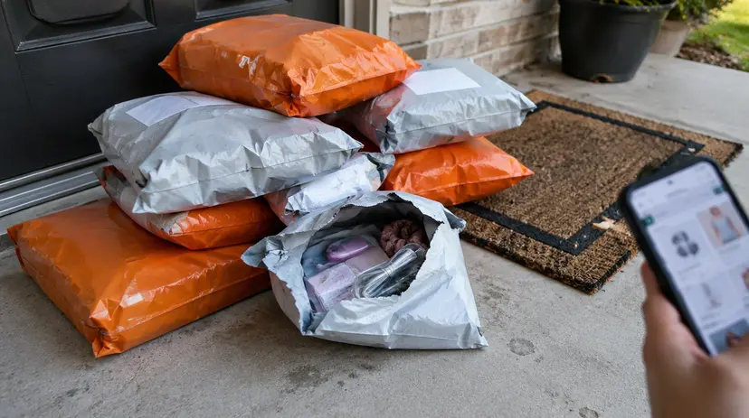 Plastic shipping packages from an online discount retailer piled on a Texas front porch.