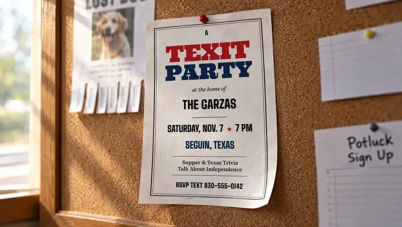 A printed TEXIT Party poster pinned to a cork bulletin board next to a lost-dog flyer and a potluck sign-up sheet.