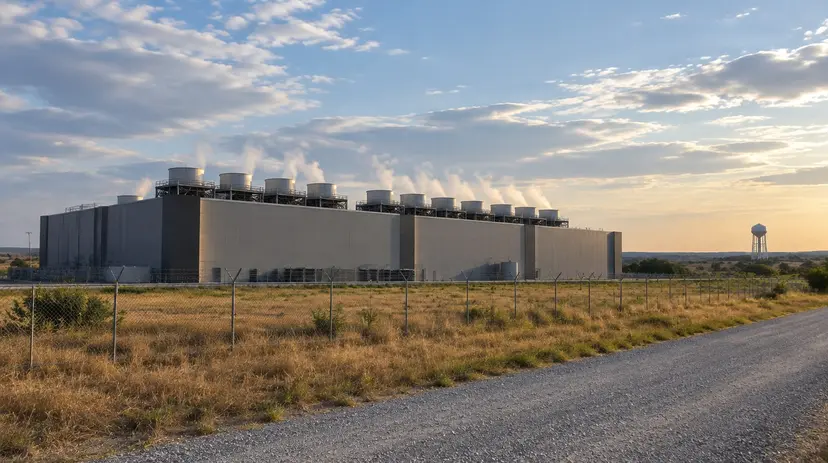 A windowless data center with rooftop cooling towers behind a chain-link fence in the Central Texas countryside, with a water tower in the distance.