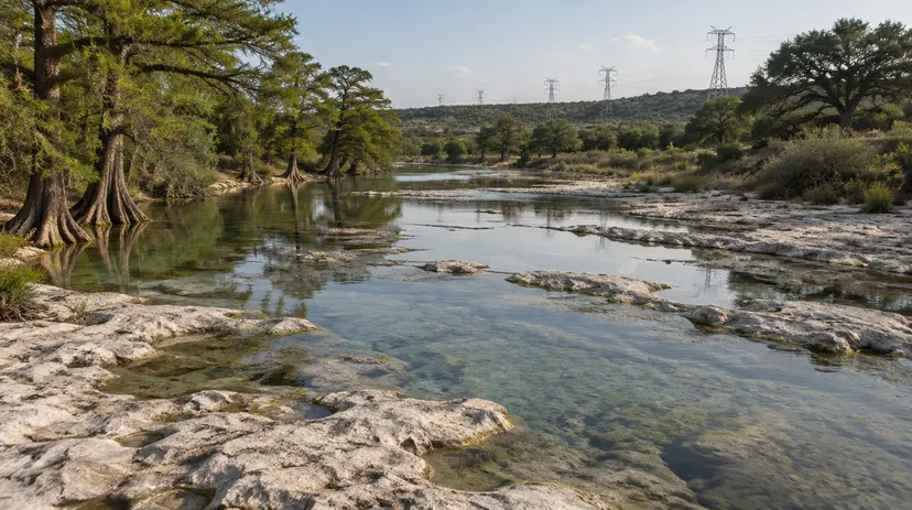 A limestone riverbed on the Nueces River near Uvalde with cypress trees and transmission towers on the horizon.