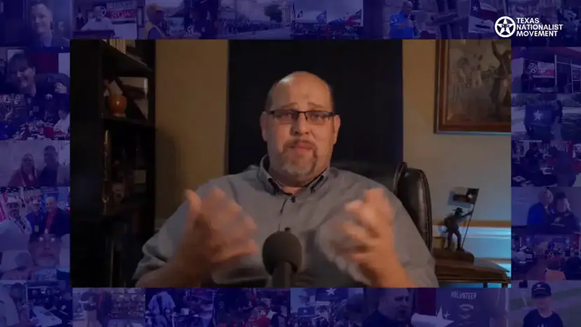 Daniel Miller gestures with both hands while speaking on a livestream framed by a supporter photo collage.