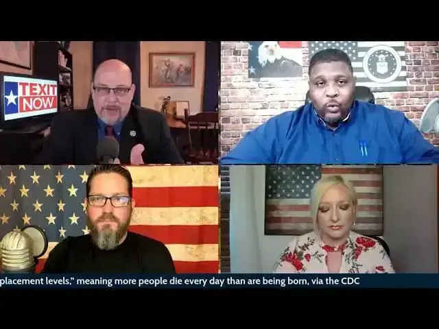 Four-way video call with Daniel Miller beside a TEXIT Now screen, a host in blue, and two other guests.