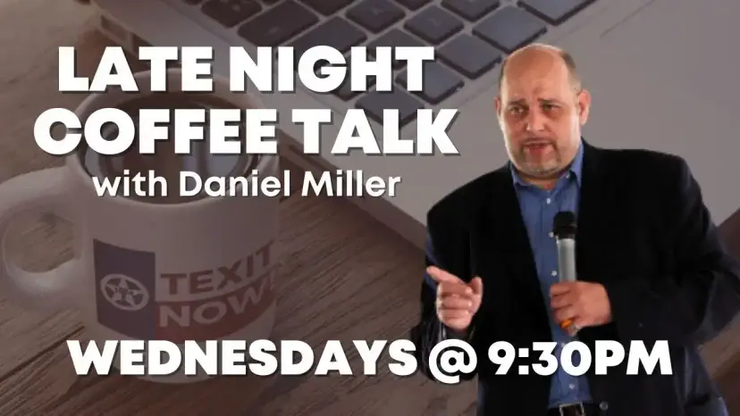 Daniel Miller holds a microphone beside text reading 'Late Night Coffee Talk, Wednesdays @ 9:30PM.'