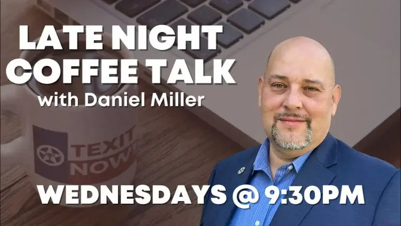 Late Night Coffee Talk with Daniel Miller title card, a TEXIT Now mug and laptop in the background.