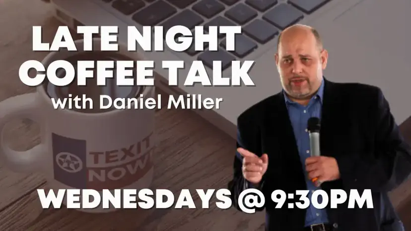 Daniel Miller gestures with a microphone on a Late Night Coffee Talk graphic beside a TEXIT Now mug.