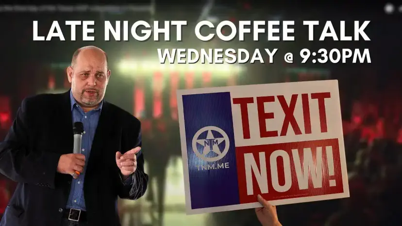 Late Night Coffee Talk graphic with Daniel Miller speaking and a 'TEXIT Now!' sign raised in a convention hall.