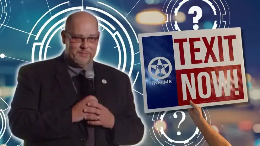 A man in a suit holds a microphone beside a 'TEXIT Now!' sign and question mark graphics.