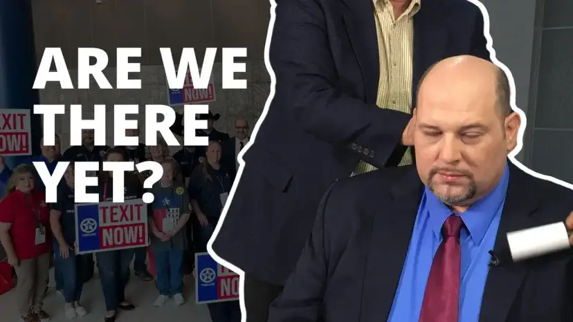 Graphic reading 'Are We There Yet?' beside a man in a suit and a crowd holding TEXIT Now signs.