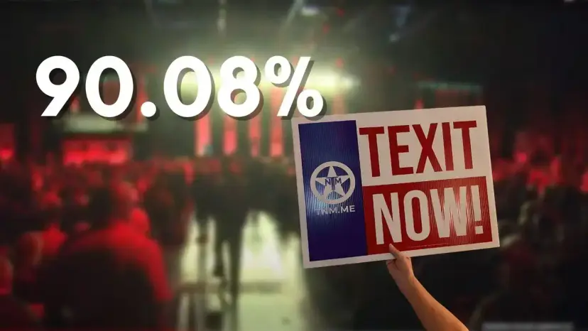 Graphic reading '90.08%' with a hand holding a 'TEXIT Now!' sign over a blurred convention crowd.