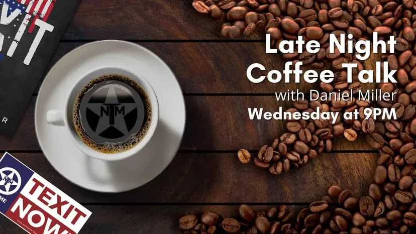 Late Night Coffee Talk with Daniel Miller, 'Wednesday at 9 PM,' over a TNM logo coffee cup and beans.
