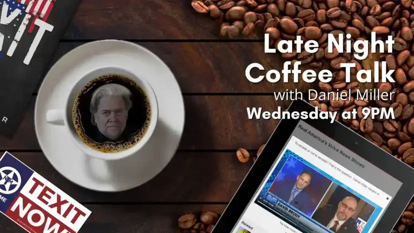 Late Night Coffee Talk graphic with Steve Bannon's face in a coffee cup and a tablet showing a news broadcast.