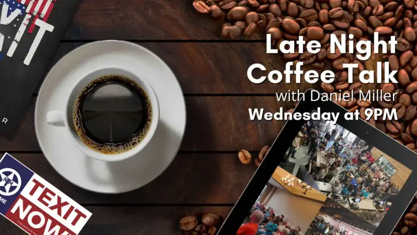 Late Night Coffee Talk with Daniel Miller graphic with a coffee cup and a tablet showing a crowded meeting room.