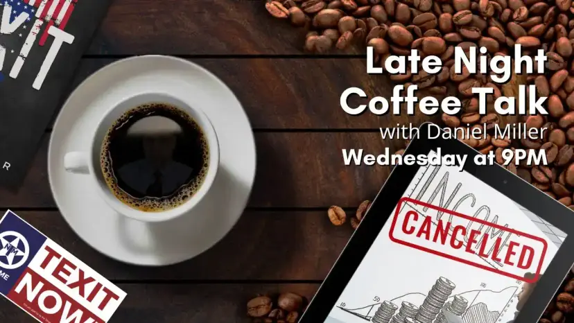 Late Night Coffee Talk graphic with a coffee cup and a tablet showing a chart under a red canceled stamp.