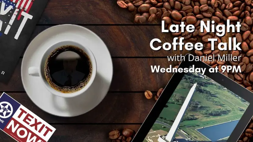 Late Night Coffee Talk graphic with a coffee cup and a tablet showing an aerial view of the Washington Monument.