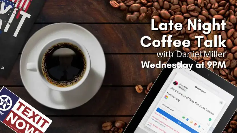 Late Night Coffee Talk with Daniel Miller graphic with a coffee cup and a tablet showing a social media post.