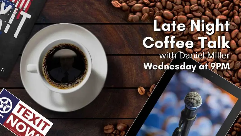Late Night Coffee Talk graphic with a coffee cup and a tablet showing a microphone before an audience.