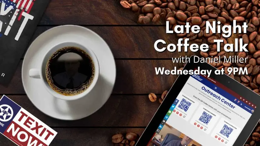Late Night Coffee Talk graphic with a coffee cup and a tablet showing an Outreach Center page with QR codes.