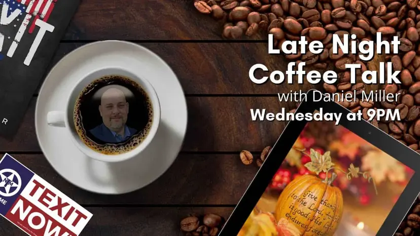 Late Night Coffee Talk with Daniel Miller: a face in a cup, a tablet showing a fall scene