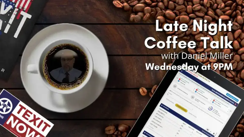 Late Night Coffee Talk with Daniel Miller: a face in a coffee cup beside a TEXIT NOW sticker
