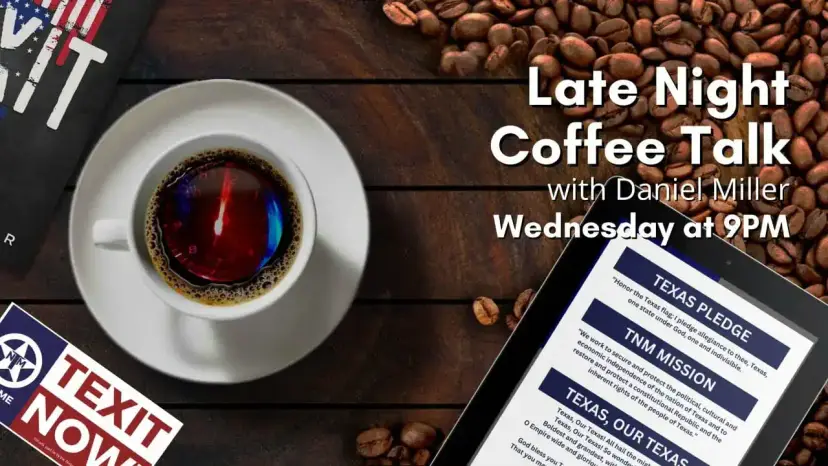 Late Night Coffee Talk with Daniel Miller: coffee beside the Texas Pledge and TNM Mission on a tablet