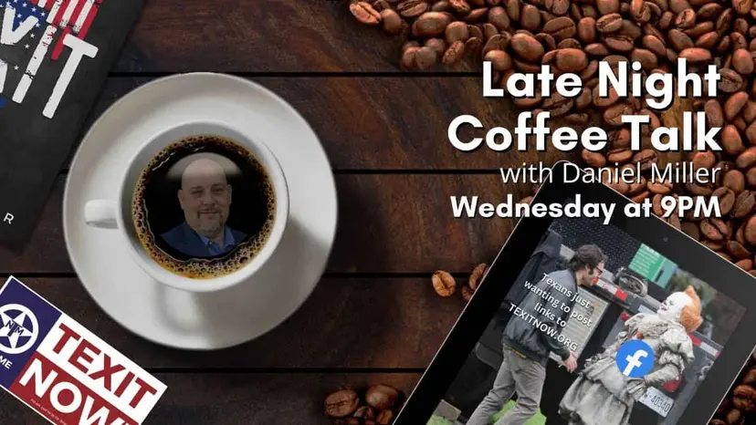 Late Night Coffee Talk with Daniel Miller: a face in a cup, a Facebook meme on a tablet